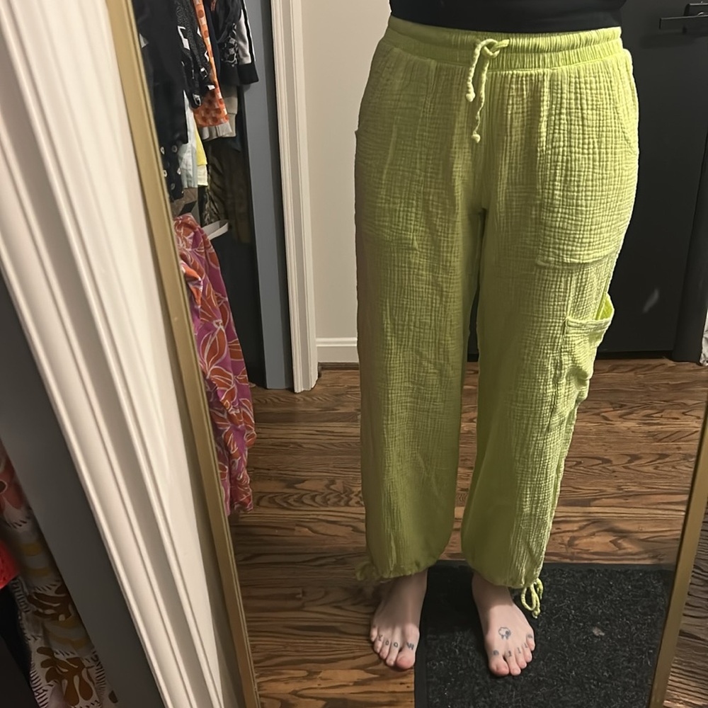 Lemon Lime Green Drawstring Gauze Beach Pants - Picture 9 of 9